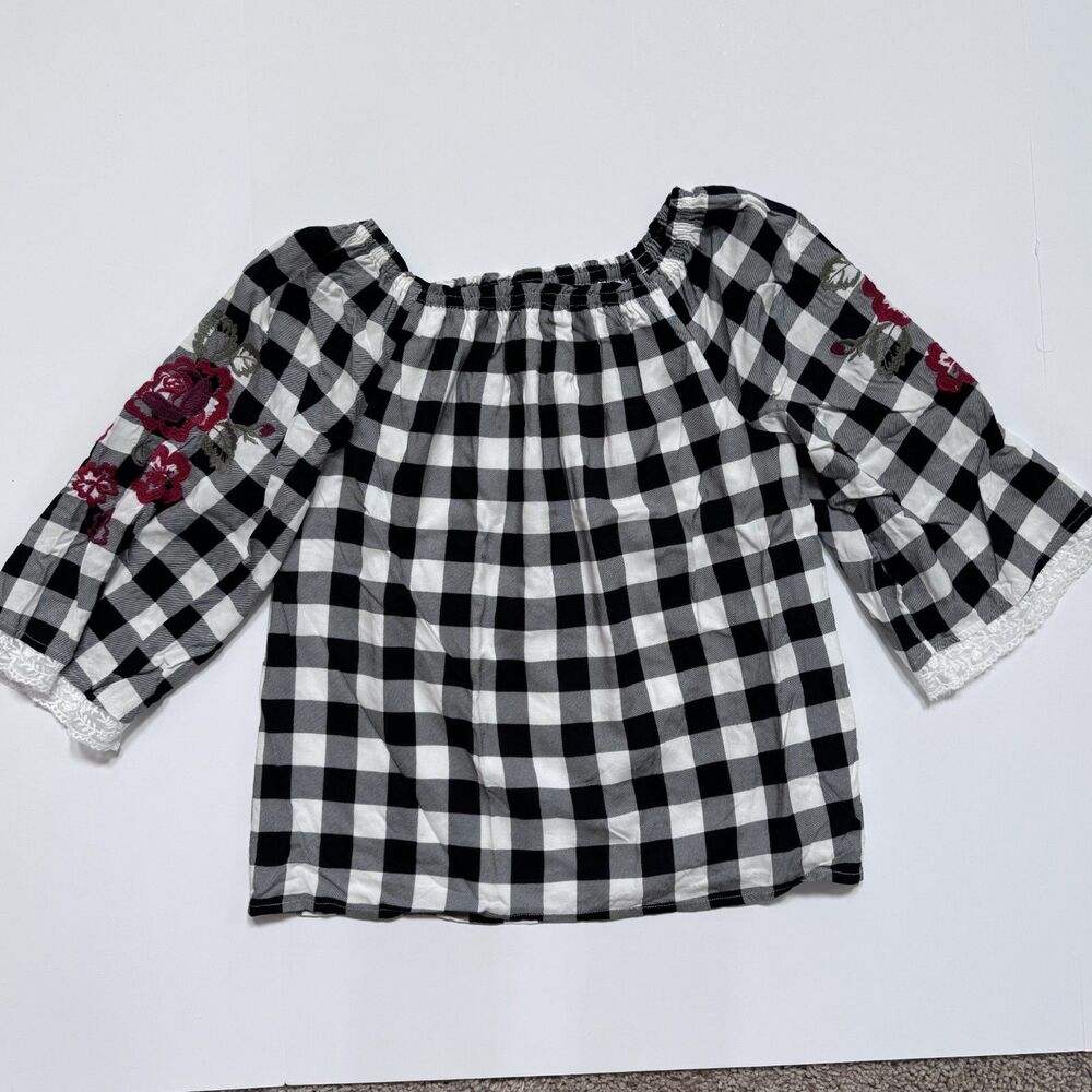 abercrombie kids girl size 13 14 shirt top blouse gingham embroidery black